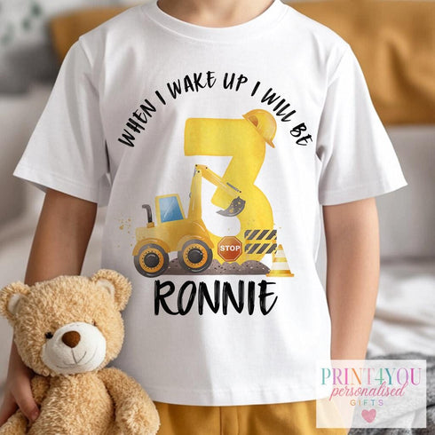 Personalised Digger Birthday Pyjama T-Shirt – "When I Wake Up I Will Be..." – Custom Name & Age (1-5) | White Cotton Tee | 6m to Age 8