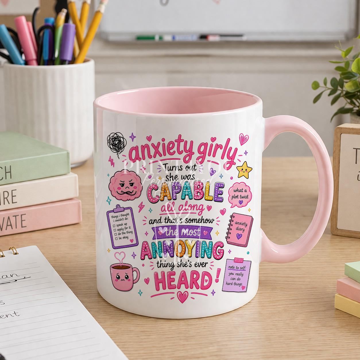 Pink ceramic mug printed with a positive quote design, personalised with a name