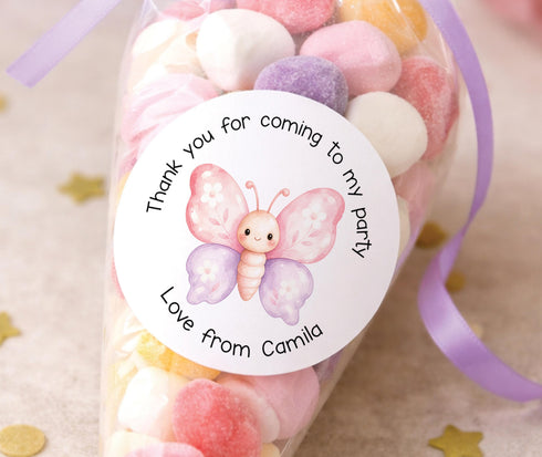 Personalised butterfly thank you stickers, pink and purple butterfly party bag labels, birthday sweet cone stickers