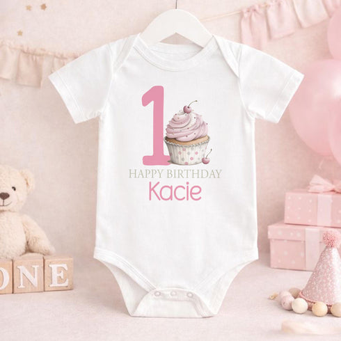 Personalised Birthday Pyjamas – Girls Pink Cupcake Design – Custom Name First Birthday Outfit - Vest