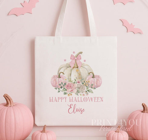 Personalised Pastel Pumpkin Halloween Tote Bag: Custom Floral Trick or Treat