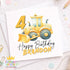 Square greeting card showing the digger birthday card with name & age design