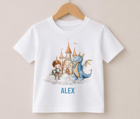 Personalised dragon and castle children’s t-shirt with blue dragon knight design and custom name for boys