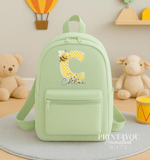 Personalised Bee Backpack for Kids | Polka Dot Initial & Name Rucksack | Toddler Nursery Bag | Custom School Gift