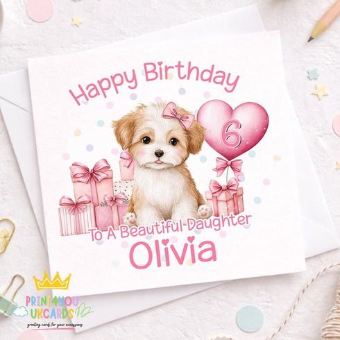 Personalised Puppy Birthday Card – Pink 6x6 Inch Keepsake For Girl’s Age & Name - Front Only