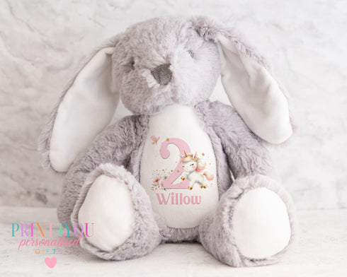 Personalised First Birthday Bunny, Soft Toy Rabbit, Various Colours, Unicorn Birthday Gift Girl. Baby Girl Keepsake, Personalised Soft Toy