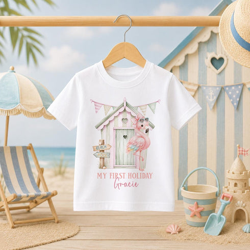 Personalised My First Holiday Flamingo T Shirt Baby Girl Holiday Outfit Pink Beach Hut Summer Vacation Tee