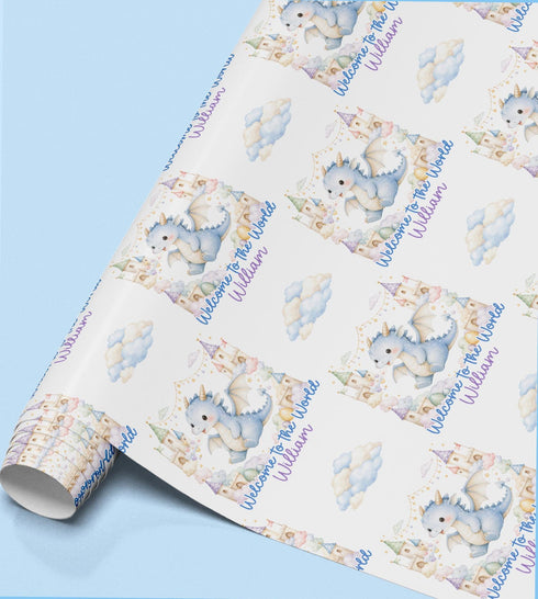 The image is a roll of wrapping paper with a repeating pattern of a blue dragon and clouds, along with the text "Welcome to the World" written on it.