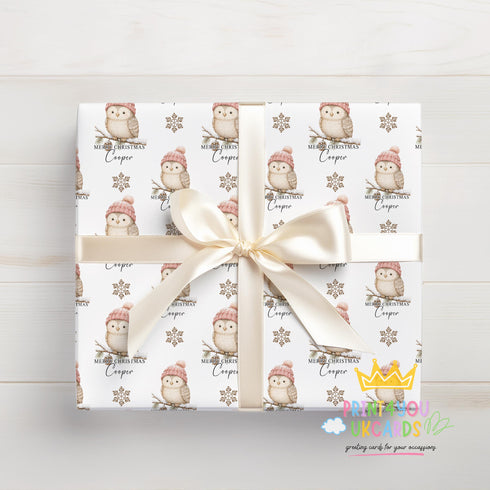 Personalised Christmas Wrapping – Custom Name Owl Gift Wrap with Snowflake Design Paper