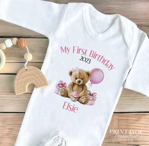 Personalised First Birthday Outfit Set Pink Teddy Bear T-shirt Sleepsuit Vest