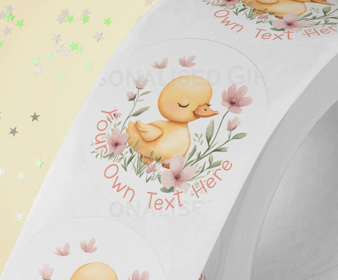 Personalised Yellow Duck Stickers - 5cm High Gloss Waterproof for Party Bags Gifts, Duck pink flowers