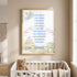 Personalised children’s dragon affirmation poster with pastel watercolour dragons, castle, clouds and the name James, shown framed in a nursery above a cot.