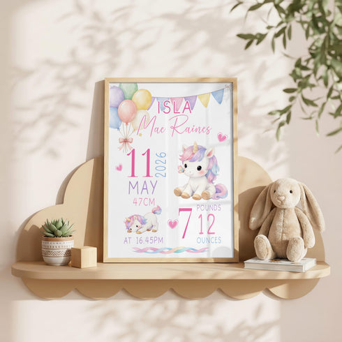 Personalised Unicorn Poster – Custom Baby Birth Stats Print | Nursery Wall Art A3 A2 A1