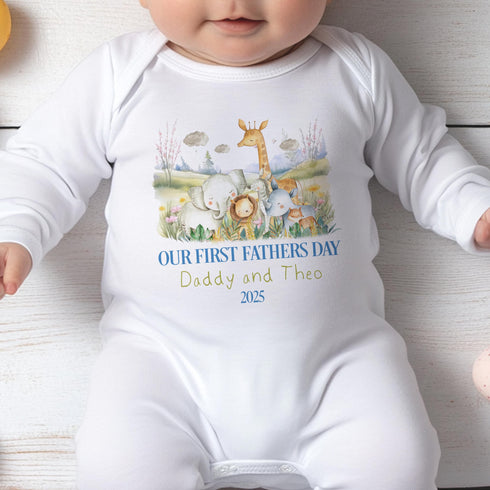 Our First Father’s Day Baby Vest – Safari Animal Design – Personalised Gift for Daddy – Soft Cotton DTG Print