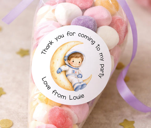 Personalised astronaut birthday thank you stickers, space party bag labels, astronaut moon birthday favour stickers with custom name