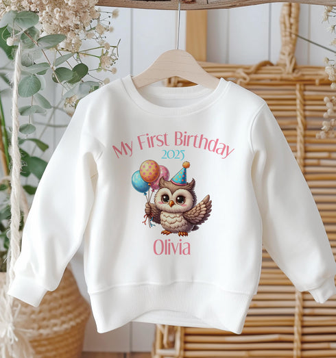 Personalised First Birthday Jumper, Birthday Sweatshirt for Children, I am One, Birthday Owl Jumper