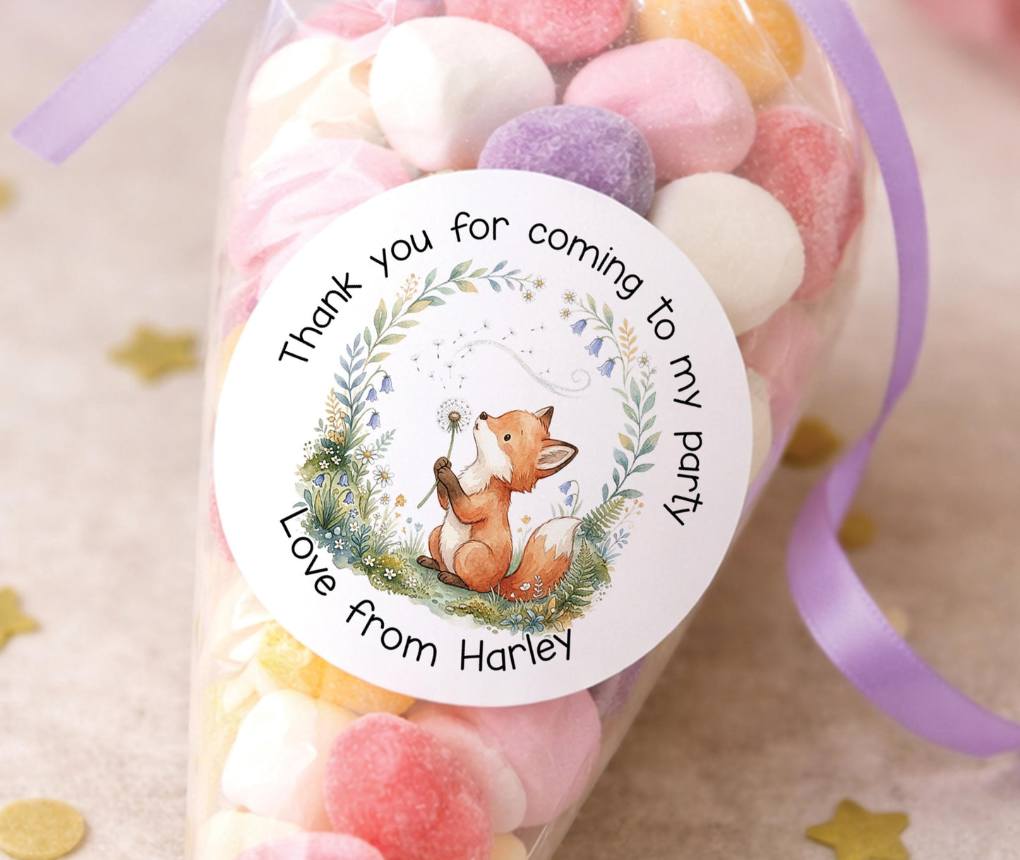 Personalised glossy round sticker featuring a woodland fox design with a child's name