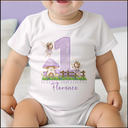 Personalised Purple Fairy First Birthday T-shirt, Sleepsuit, Vest or Bib, Blue Text