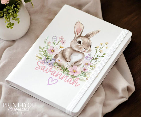 Personalised A5 Bunny Notebook - Custom Name Floral Rabbit Journal for Girls Perfect Easter Spring Gift
