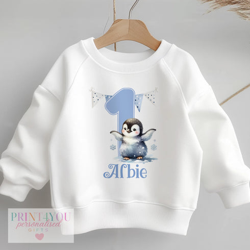 Personalised First Birthday Jumper, Birthday Sweatshirt for Children, I am One, Blue Penguin One Jumper
