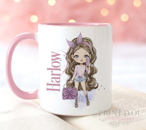 Designer Fashion Girls Personalised Gift White Mug, Pink coloured trim, Hair and Skin Variations