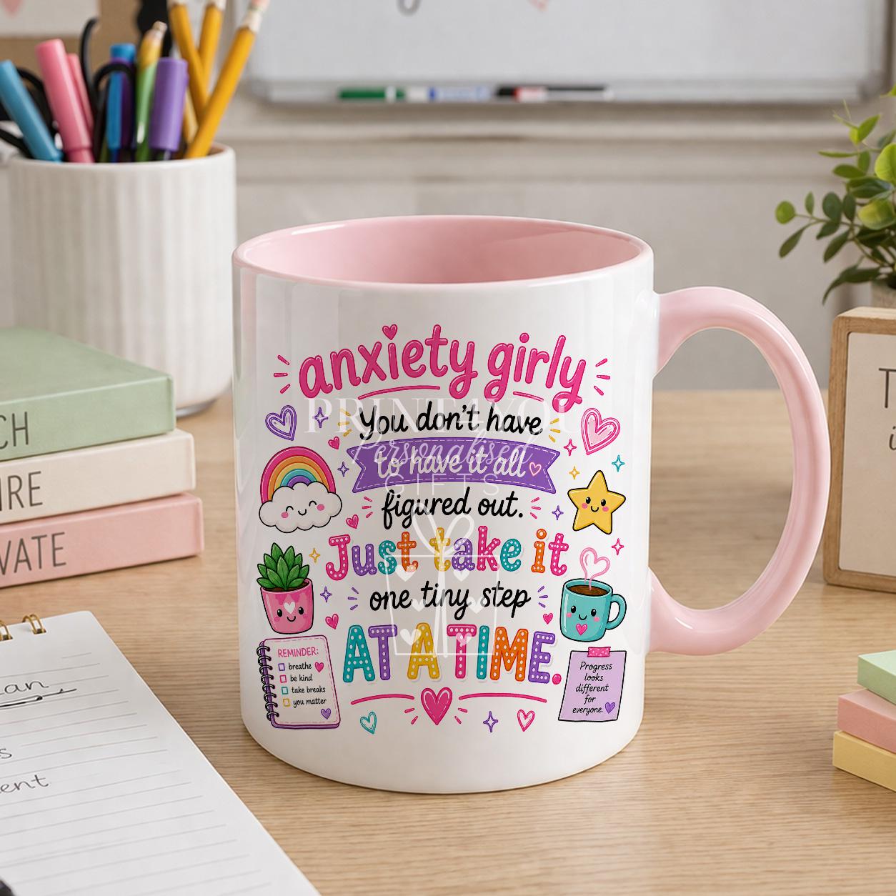 Pastel pink ceramic mug printed with a positive self care message, personalised with a name