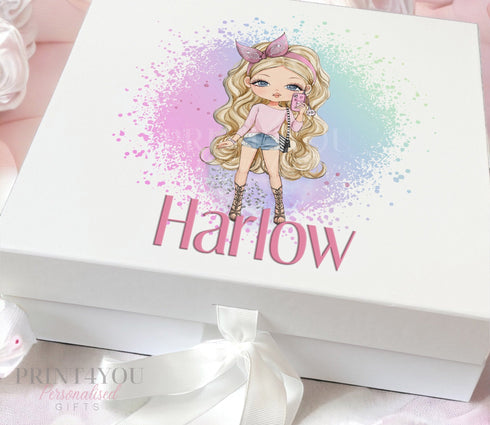 Personalised Birthday Keepsake Box with Ribbon Tie - Blonde Fashion Doll and Name
