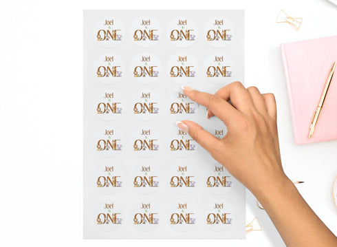 Personalised Jungle Safari one Stickers - ideal for party bags, sweet cones and presents. 5cm High Gloss Waterproof