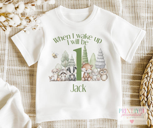 Woodland 1st Birthday Outfit | “When I Wake Up I’ll Be One” Personalised Baby Vest, T-Shirt or Sleepsuit | Forest Animal Design