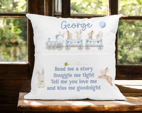Personalised Childrens Book Cushion - Blue Train Design Perfect Easter Gift with Bunny Rabbit Theme