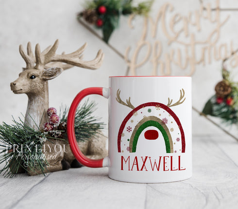 Xmas Rainbow with antlers snowflakes and Nose Reindeer Initial personalised White mug Christmas stocking filler gift red handle Name only