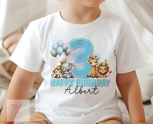 Personalised Safari Birthday T-Shirt ANY AGE - Cotton White Top, Any Age, Jungle Party Animals Celebration Party