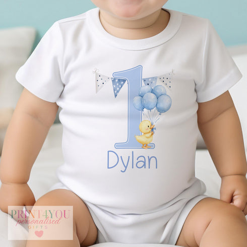 Personalised First Birthday T-Shirt Sleepsuit Vest Set - Blue Balloon Duck Design