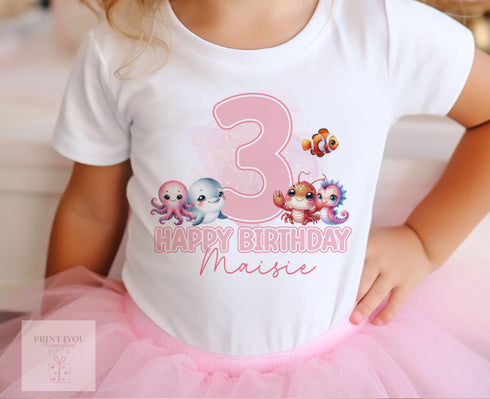 Personalised Under the Sea Pink Design Birthday T-Shirt ANY AGE - Cotton White Top, Any Age, Sea Animals, Fish, Crab, whale