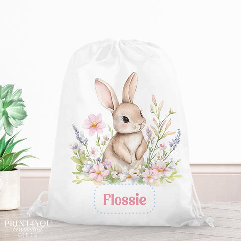 Personalised Bunny Drawstring Bag | Custom Name Floral PE Kit Bag for Girls | Water-Resistant School, Dance or Toy Sack