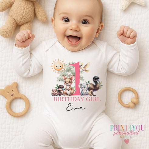 1st Birthday Girl Outfit, Australian Animal Baby Vest, Personalised Birthday Bodysuit, Pink Custom Baby T-Shirt, Koala Kangaroo Sleepsuit