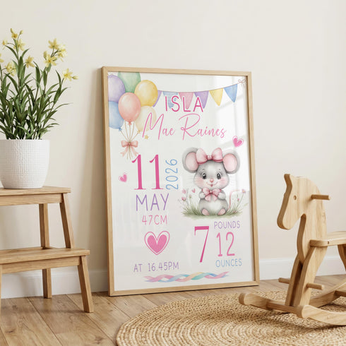 Personalised Baby Poster - Custom Baby Print | Mouse Nursery Decor | Birth Stats Print A3 A2 A1