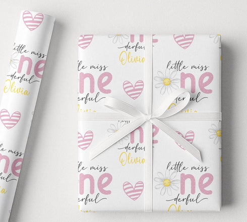 Personalised First Birthday Wrap - Soft Yellow Daisy Flower Paper With Pink Lettering