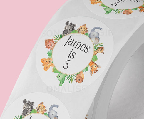 Personalised Jungle Safari Frame Stickers - ideal for party bags, sweet cones and presents. 5cm High Gloss Waterproof