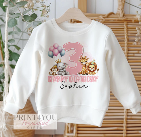 Personalised Birthday Age Sweatshirt Jumper For Children. Any Age, White Cotton Sweatshirt - Pink Party Safari, Number and name