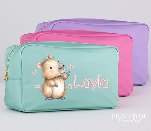 Personalised Capybara Makeup Accessory Bag - Premium Wash Bag Pencil Case or Nappy Pouch in Mint Pink or Purple