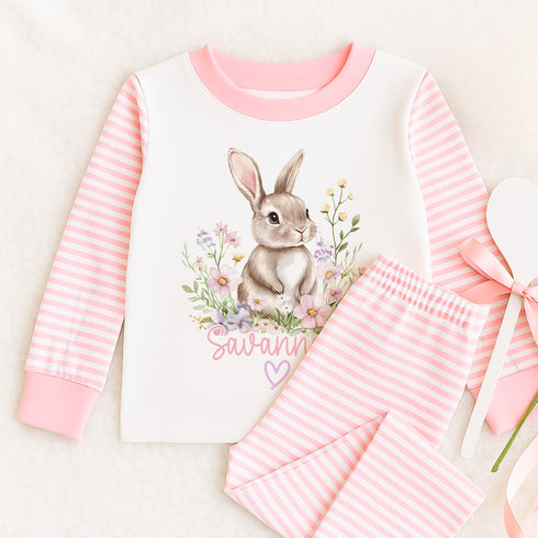 Personalised pink striped girls Pyjamas - Bunny with Flowers