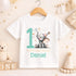 Personalised 1st birthday baby outfit with cute elephant, party hat, stars, teal number 1 and custom name, shown on bib, vest, sleepsuit, t-shirt and white pyjamas.