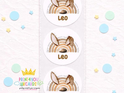 Bunny Birthday Stickers – Boho Party Labels | Custom Name | 5cm Gloss Round Stickers