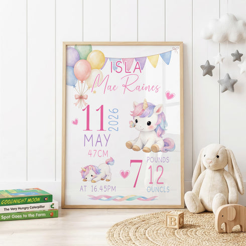 Personalised Unicorn Poster – Custom Baby Birth Stats Print | Nursery Wall Art A3 A2 A1