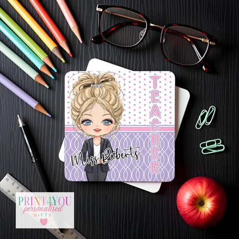 Personalised Teacher Coaster Custom Thank You Gift Cork Backed 95 x 95cm Unique End-of-Term Present with 7 Character Options