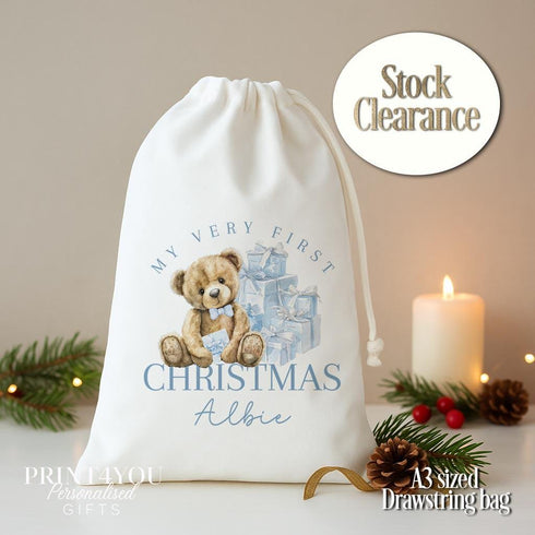 Personalised Baby’s First Christmas Drawstring Bag – Blue Teddy A3 Sack