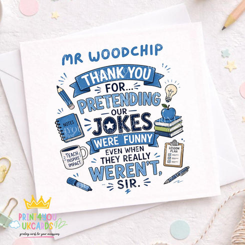 Funny teacher thank you card personalised with name, blue school themed design with pencil books apple mug, end of term thank you card for male teacher sir