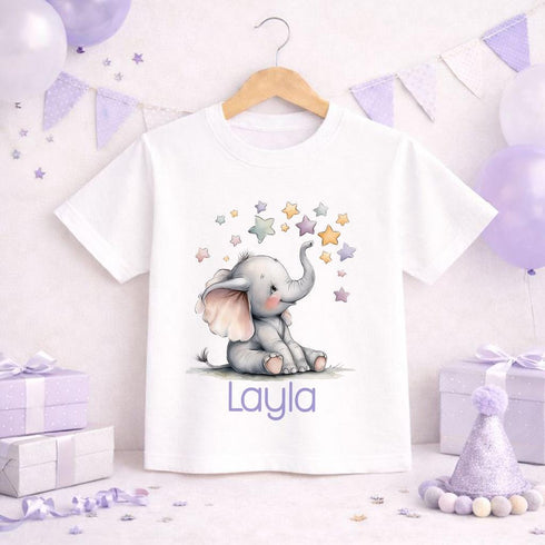 Personalised Elephant T Shirt with Stars, Cute Baby Elephant Kids Name Tee, Girls Animal T Shirt Custom Name Top