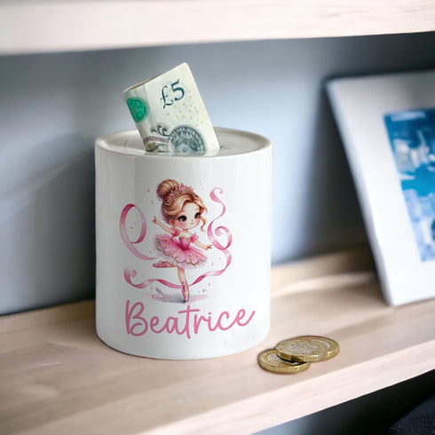 Personalised Ceramic White Money Box Coin Bank - Dancing Ballerina with name